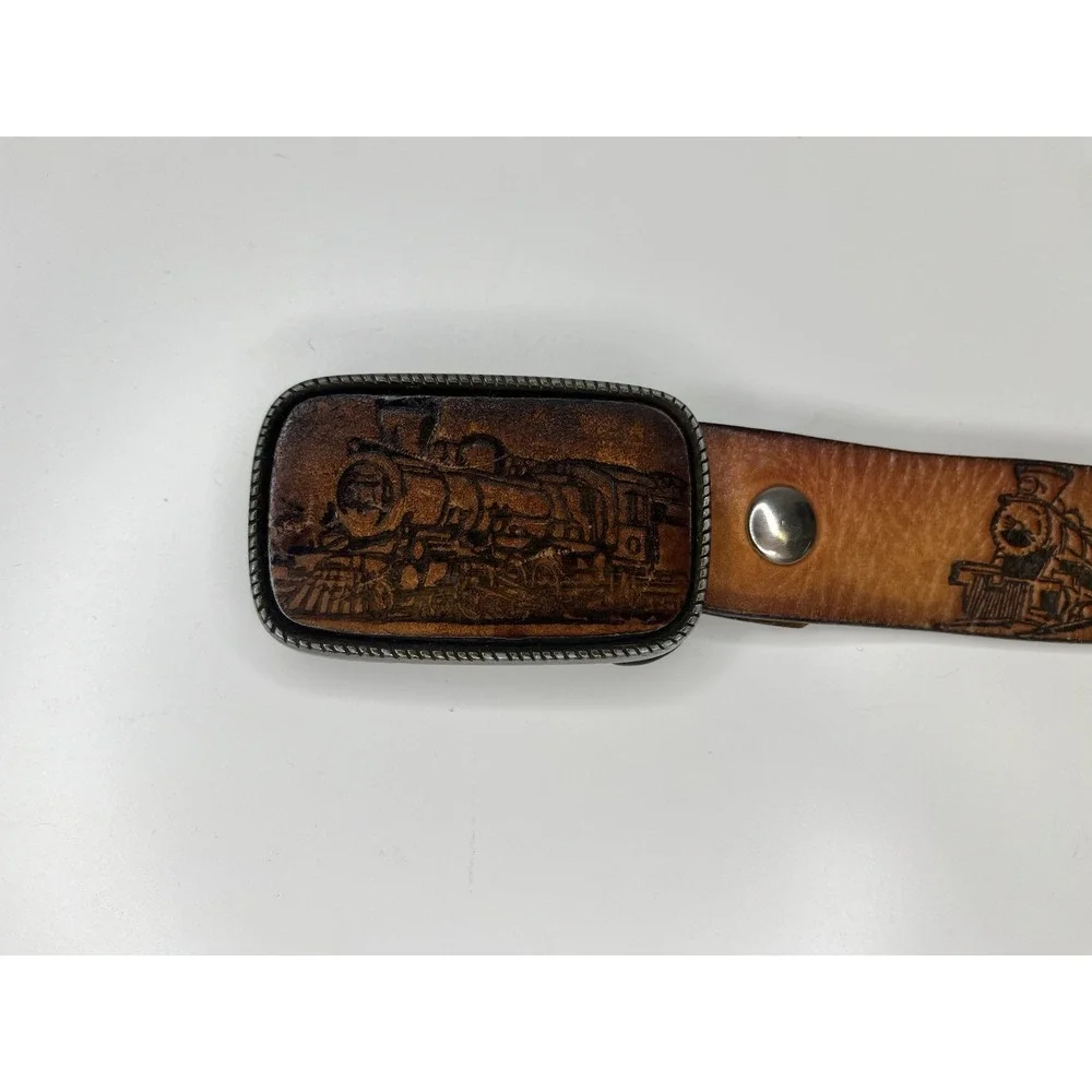 Vintage Tooled Leather Strasburg Pa Train Belt 36 - 42 Buckle USA‎